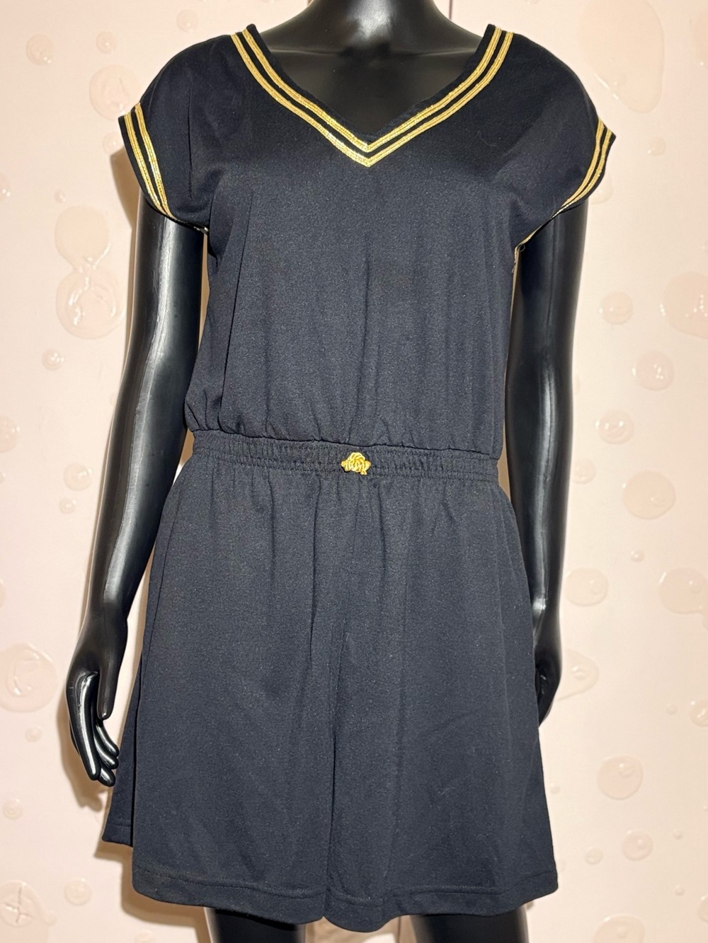 Vintage A.B. Lambdin Black Mini Shift Dress with Gold Stripe Trim, size M